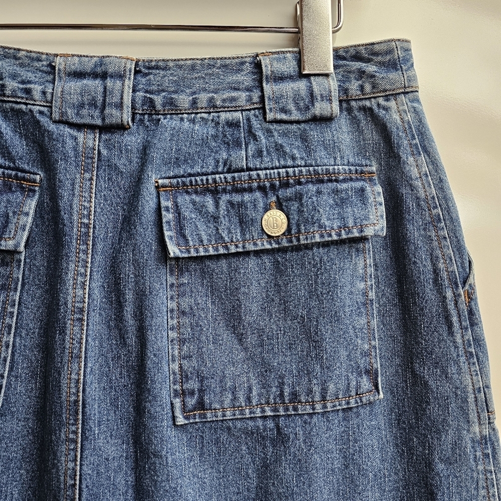 Vintage BASS Blue Denim Midi Skirt with Front Cargo Pockets Back Slit Size 6 - Picture 5 of 12